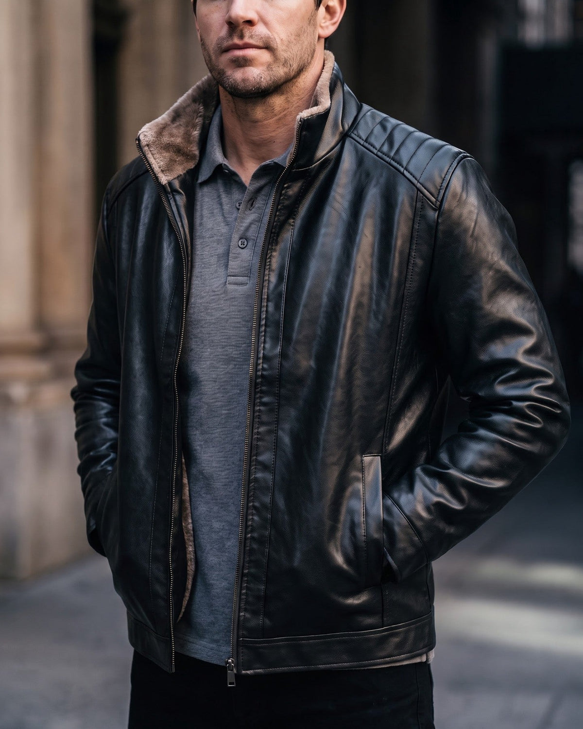 Hugo Faux Leather Shearling-Collar Jacket